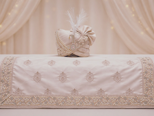 Blush Pink Groom Pagdi with Embroidered Safa and Pearl Kalgi