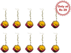 Pink-Yellow Floral Maangtika with Pearls - Pack of 10
