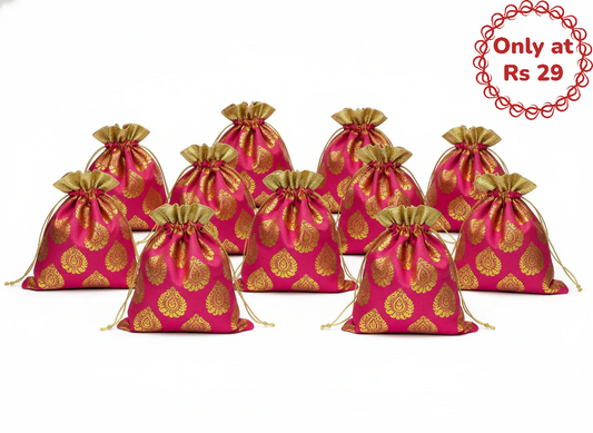 Traditional Pink & Gold Brocade Potli Bag (pack of 10))