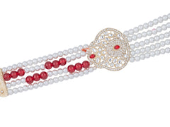 Red & White Bead Triple-Layer Groom Mala with Kundan Side Pendants