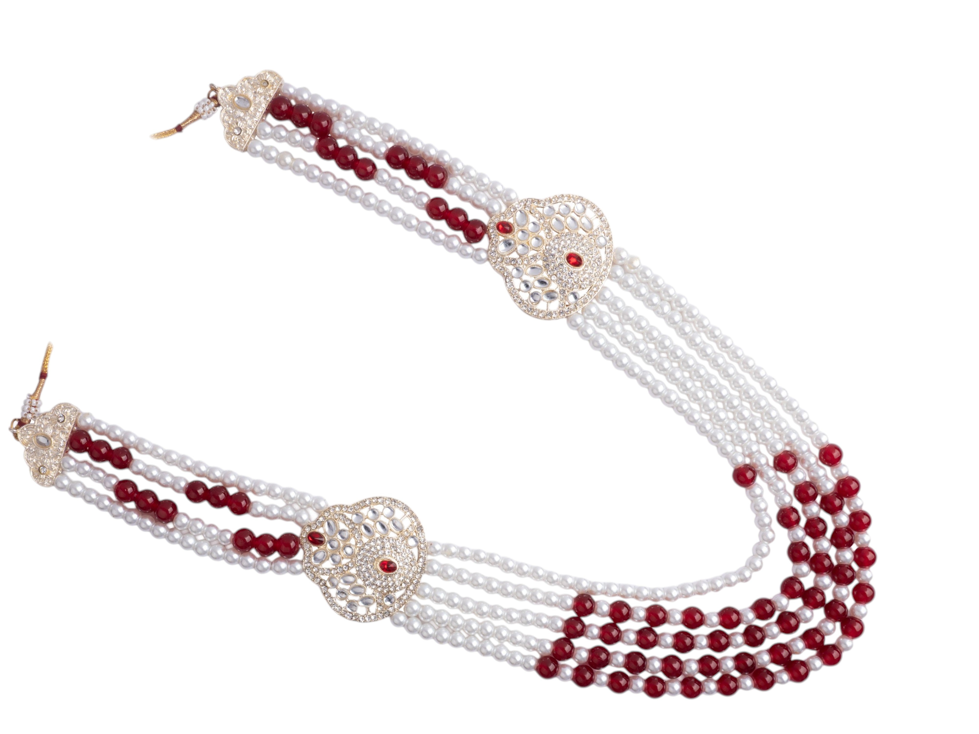Red & White Bead Triple-Layer Groom Mala with Kundan Side Pendants