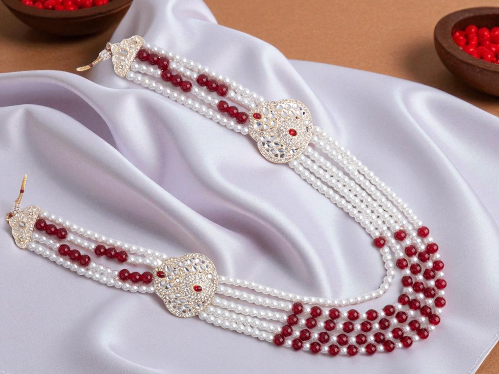 Red & White Bead Triple-Layer Groom Mala with Kundan Side Pendants