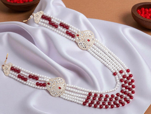 Red & White Bead Triple-Layer Groom Mala with Kundan Side Pendants