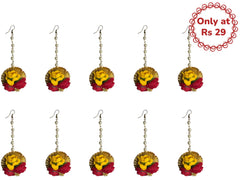 Red-Yellow Floral Maangtika with Pearls - Pack of 10