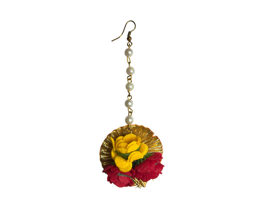 Red-Yellow Floral Maangtika with Pearls