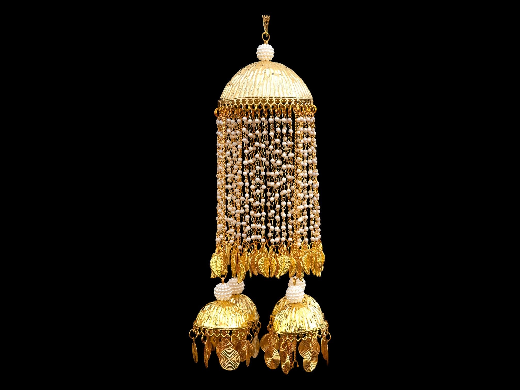 Grand Golden Bridal Kaleera with Multi-Layer Pearl Strands and Dome Charms