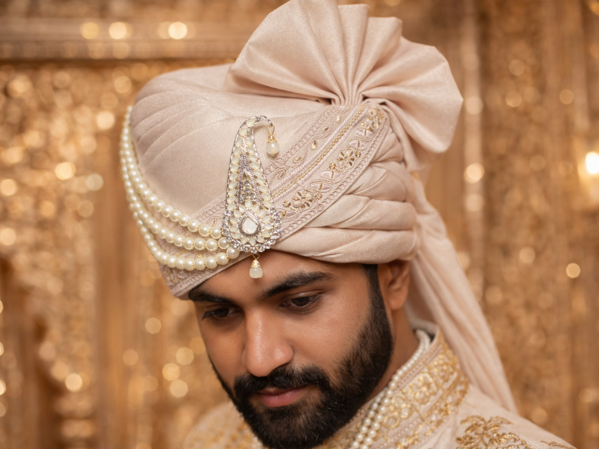 Premium Rose Gold Groom Pagdi – Regal Satin Safa with Peal Kalgi