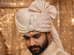 Premium Rose Gold Groom Pagdi – Regal Satin Safa with Peal Kalgi