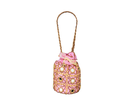 Royal Embroidered Potli Bag with Mirror Work and Braided Handle - Baby-Pink - Image 2