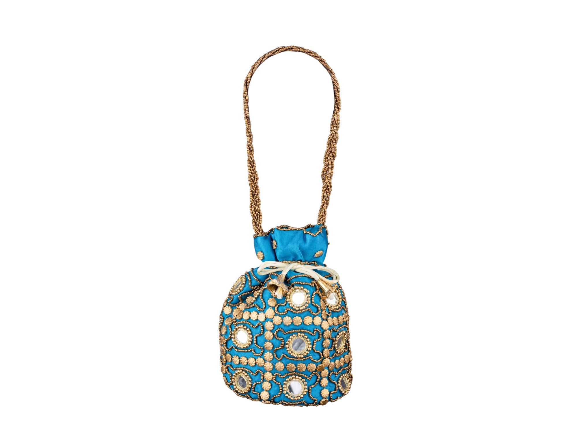 Royal Embroidered Potli Bag with Mirror Work and Braided Handle - Blue - Image 2