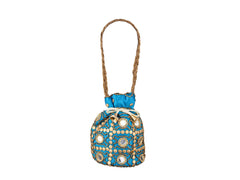 Royal Embroidered Potli Bag with Mirror Work and Braided Handle - Blue - Image 2