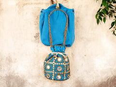 Royal Embroidered Potli Bag with Mirror Work and Braided Handle - Blue - Image 1