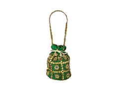 Royal Embroidered Potli Bag with Mirror Work and Braided Handle - Green - Image 2