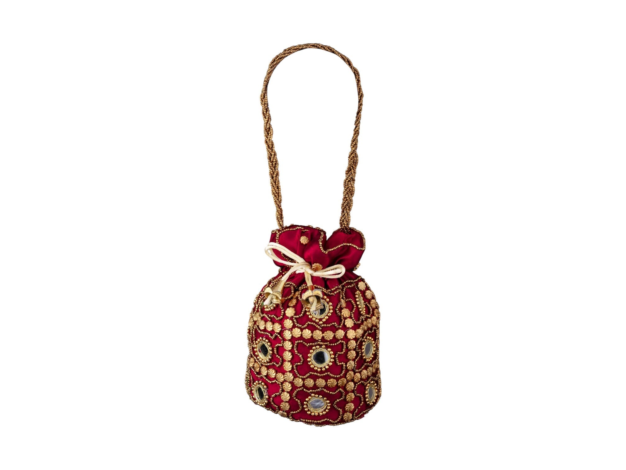 Royal Embroidered Potli Bag with Mirror Work and Braided Handle - Maroon - Image 2