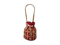 Royal Embroidered Potli Bag with Mirror Work and Braided Handle - Maroon - Image 2