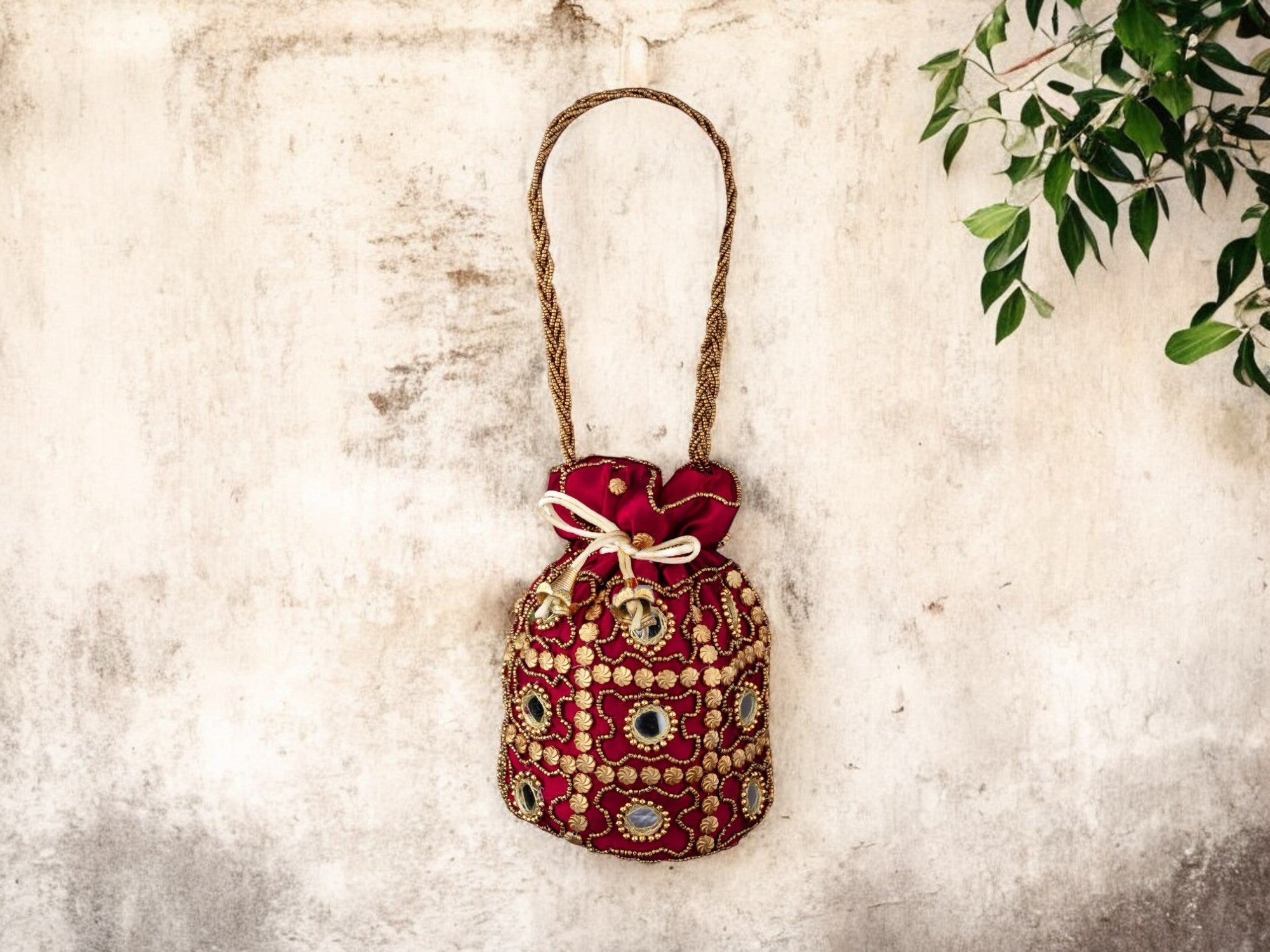 Royal Embroidered Potli Bag with Mirror Work and Braided Handle - Maroon - Image 1