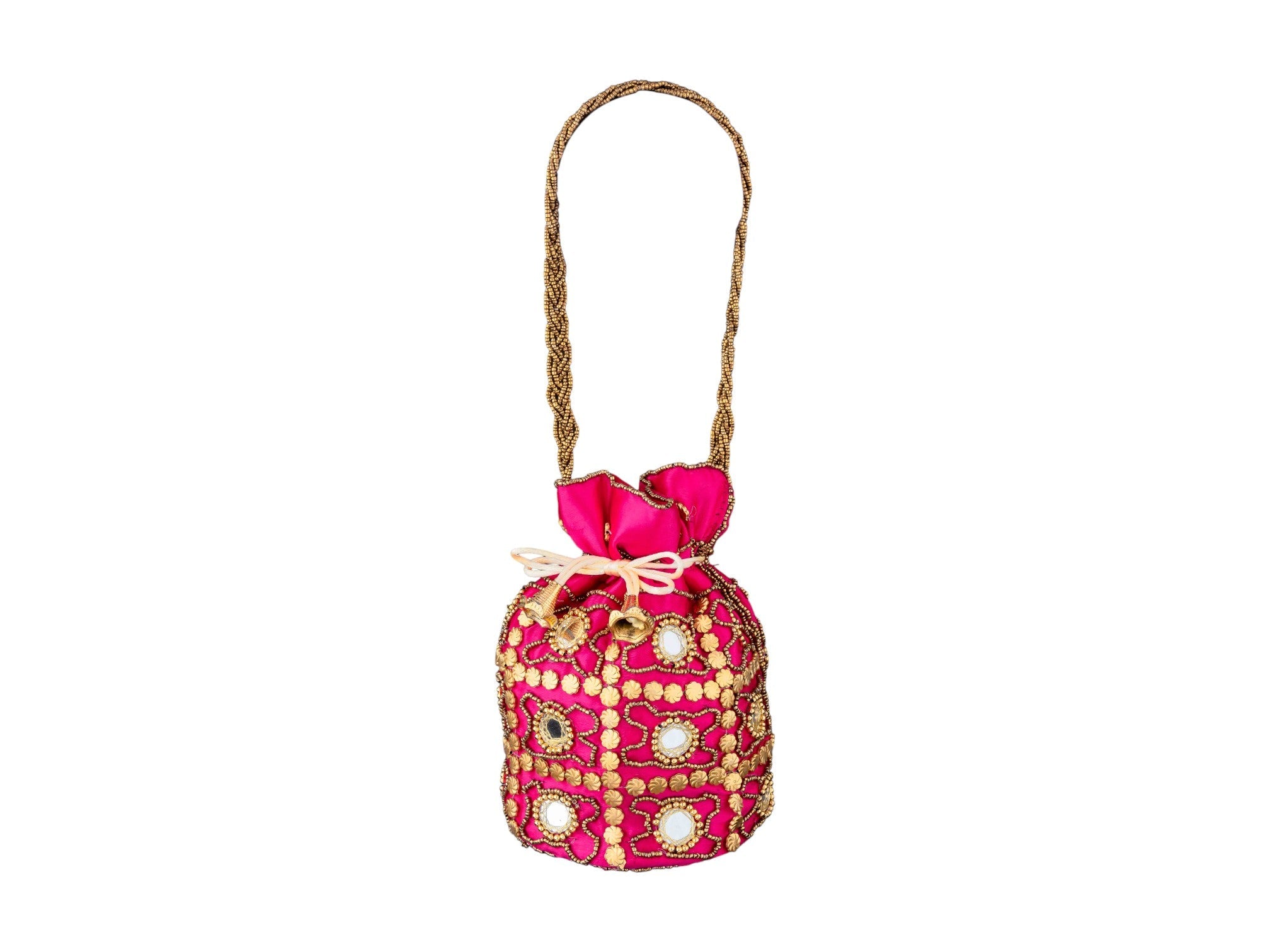 Royal Embroidered Potli Bag with Mirror Work and Braided Handle - Pink - Image 2