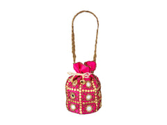 Royal Embroidered Potli Bag with Mirror Work and Braided Handle - Pink - Image 2