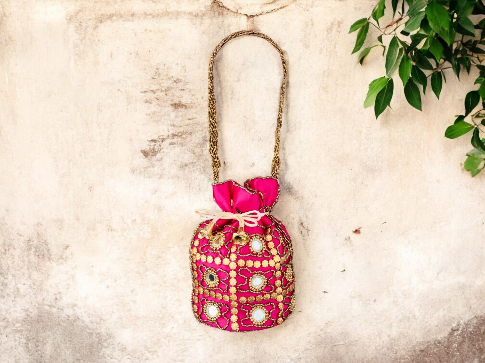 Royal Embroidered Potli Bag with Mirror Work and Braided Handle - Pink - Image 1