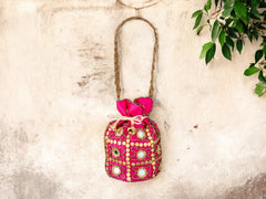Royal Embroidered Potli Bag with Mirror Work and Braided Handle - Pink - Image 1
