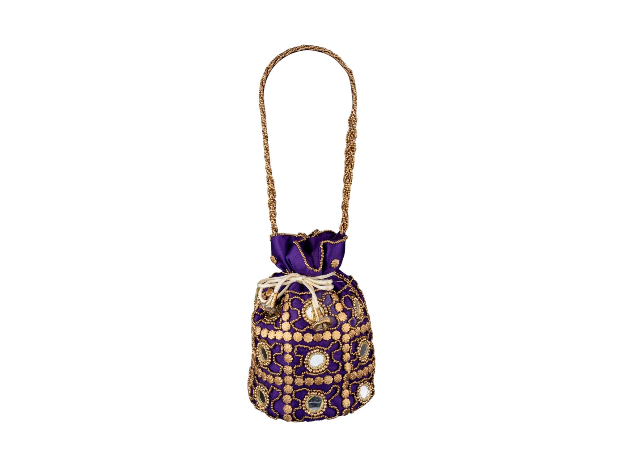 Royal Embroidered Potli Bag with Mirror Work and Braided Handle - Purple - Image 2