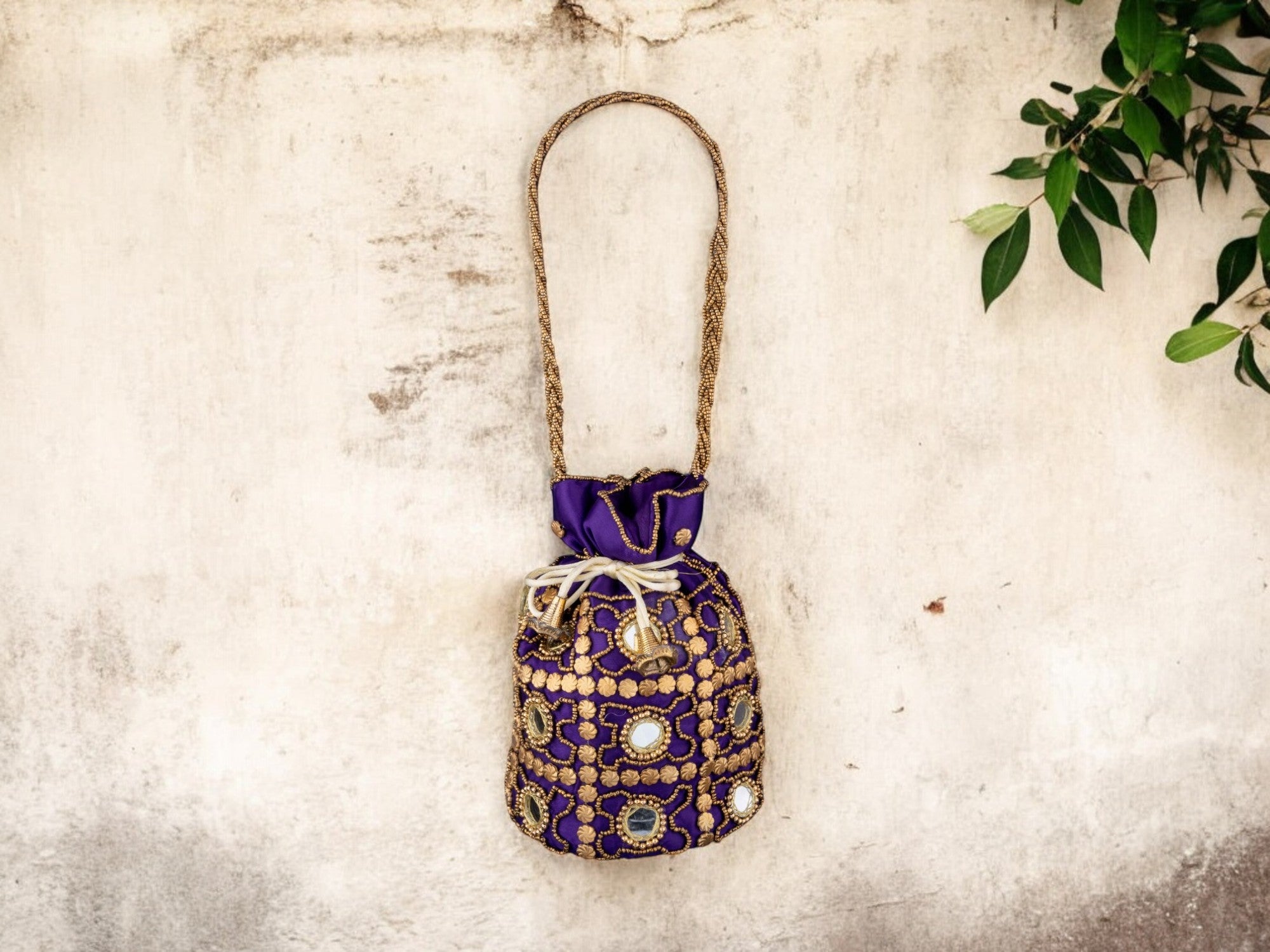 Royal Embroidered Potli Bag with Mirror Work and Braided Handle - Purple - Image 1