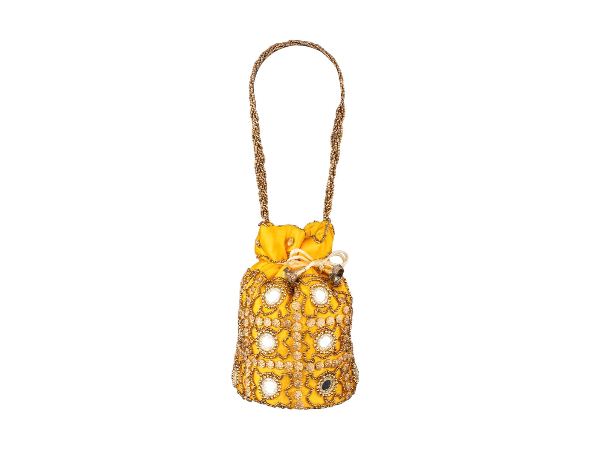 Royal Embroidered Potli Bag with Mirror Work and Braided Handle - Yellow - Image 2