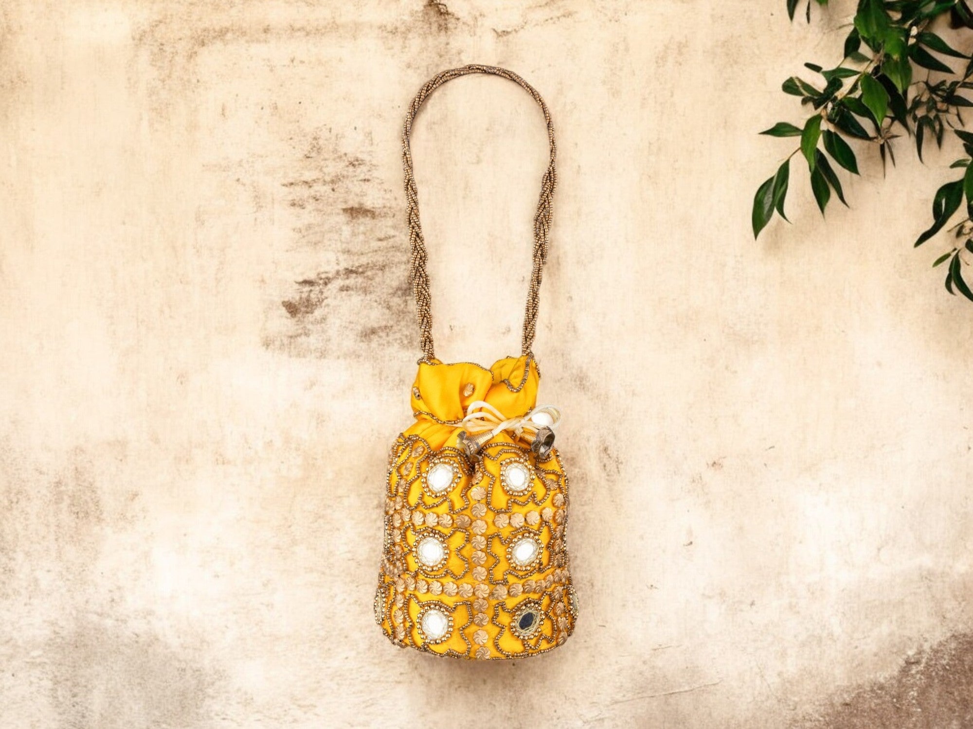 Royal Embroidered Potli Bag with Mirror Work and Braided Handle - Yellow - Image 1
