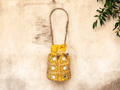 Royal Embroidered Potli Bag with Mirror Work and Braided Handle - Yellow - Image 1