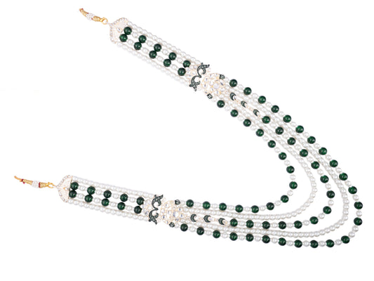Royal Green Bead & Pearl Multi-Layer Groom Mala with Kundan Accents