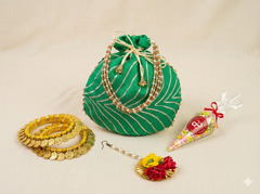 Vibrant Haldi & Mehendi Gift Hamper Set | Gota Potli Bag + Floral Maang Tikka + Gold Coin Bangles + Sweet Cone + Rose Hair Pin | Wedding Return Gift Combo
