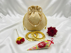 Vibrant Haldi & Mehendi Gift Hamper Set | Gota Potli Bag + Floral Maang Tikka + Gold Coin Bangles + Sweet Cone + Rose Hair Pin | Wedding Return Gift Combo