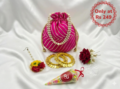Vibrant Haldi & Mehendi Gift Hamper Set | Gota Potli Bag + Floral Maang Tikka + Gold Coin Bangles + Sweet Cone + Rose Hair Pin | Wedding Return Gift Combo