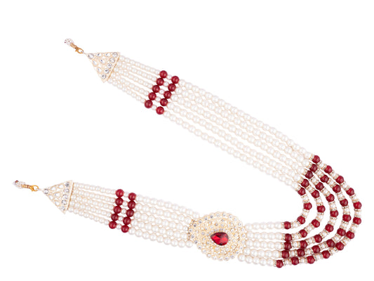 Subtle Pearl & Bead Groom’s Mala with Statement Pendant - Red