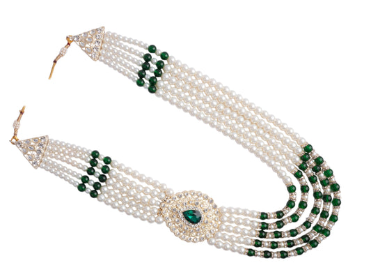 Subtle Pearl & Bead Groom’s Mala with Statement Pendant - Green