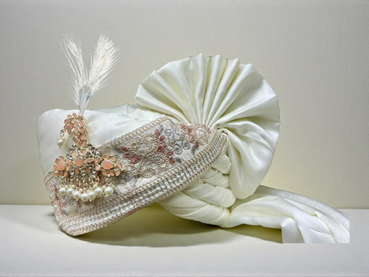 Hand-Tied Timeless peach pastel Groom Pagdi with Embroidered Safa and Pearl Kalgi