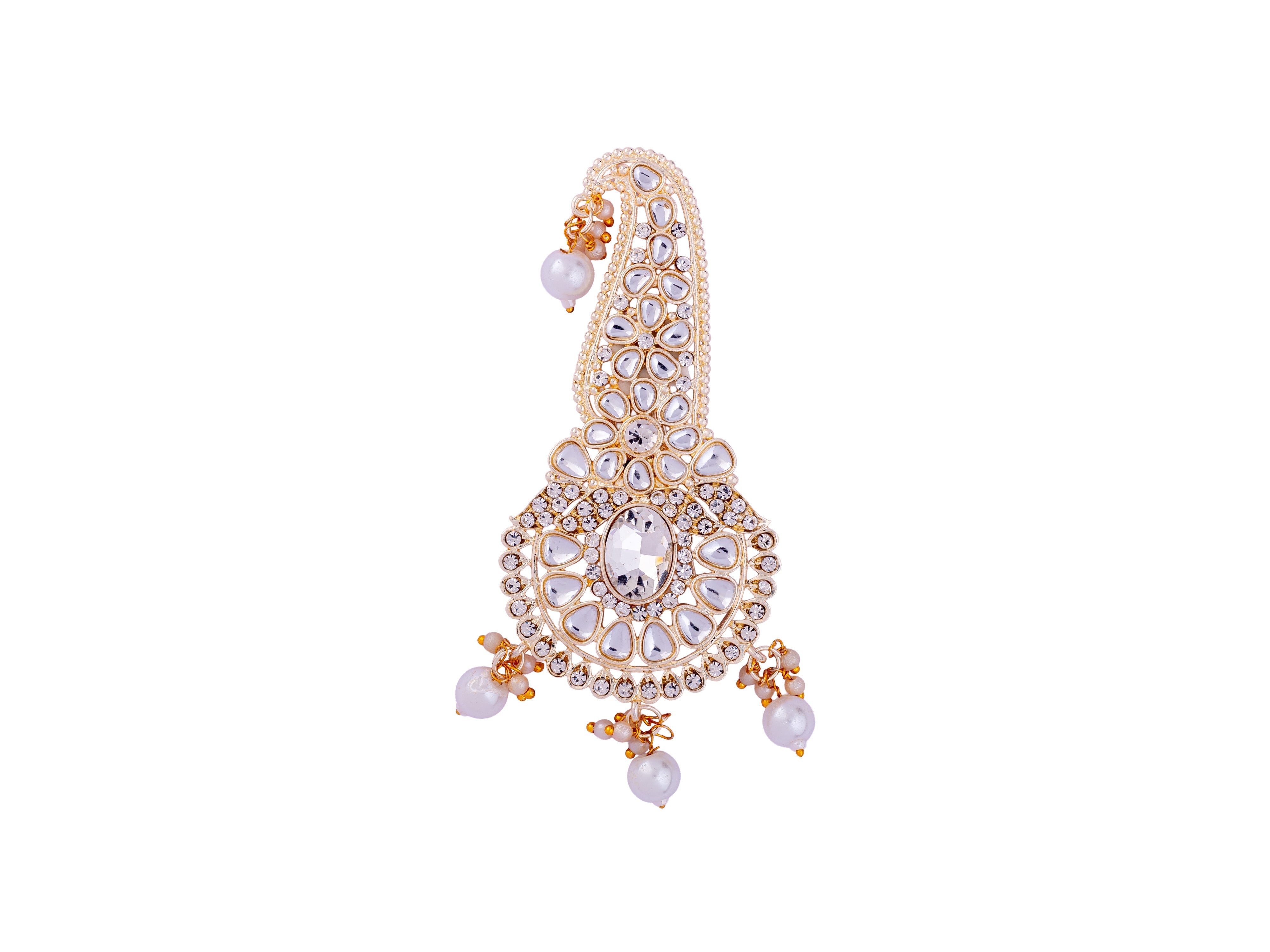 Traditional Groom kalgi with Kundan Work & Pearl Danglers - White