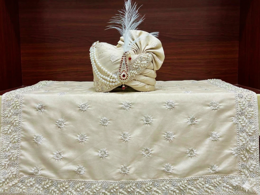 Champagne Golden Groom’s Pagdi with Mirror Work Safa & Pearl Kalgi