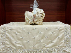 Champagne Golden Groom’s Pagdi with Mirror Work Safa & Pearl Kalgi