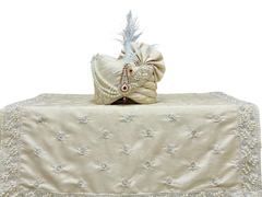 Champagne Golden Groom’s Pagdi with Mirror Work Safa & Pearl Kalgi