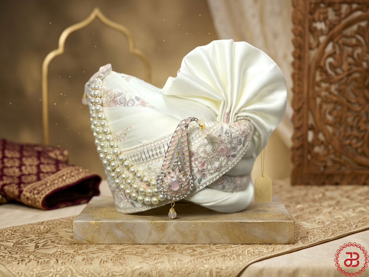White with  Pink Embroidered Groom Pagdi – Royal Safa with Stone Kal