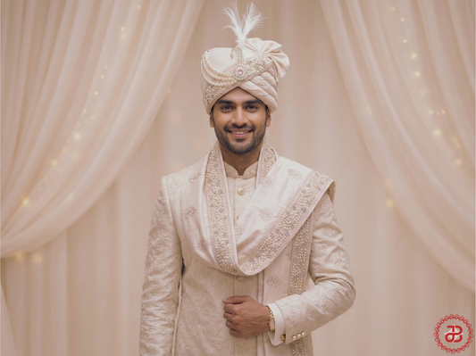 Blush Pink Groom Pagdi with Embroidered Safa and Pearl Kalgi