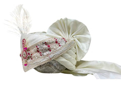 Hand-Tied White & Ruby Groom Pagdi  with Safa and Pearl Kalgi