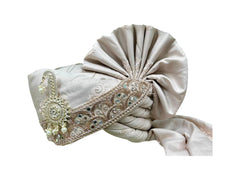 Hand-Tied Champagne Rose Groom Pagdi with Safa and Pearl Kalgi