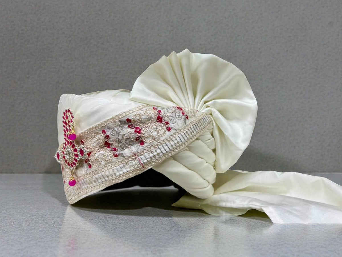Hand-Tied White & Ruby Groom Pagdi  with Safa and Pearl Kalgi