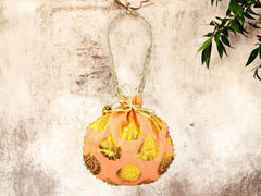 Bail Round Potli Bag with Pearl Beaded Handle Peach- Pack of 4