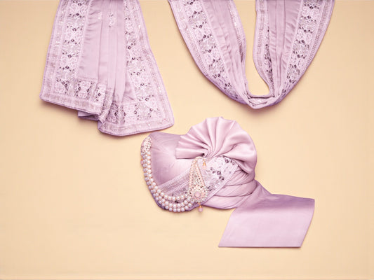 Elegant Lavender Groom’s Pagdi with Embroidered Safa and Pearl Kalgi