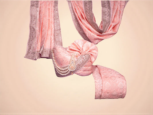 Regal Peach-Pink Groom’s Pagdi with Embroidered Safa & Pearl Kalgi