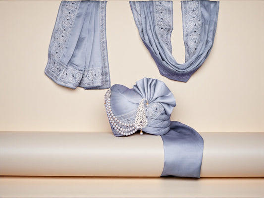 Classic Aqua Groom Pagdi with Embroidered Safa and Pearl Kalgi