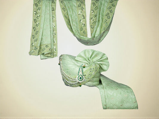 Mint Green Embroidered Groom’s Pagdi with Matching Safa & Pearl Kalgi